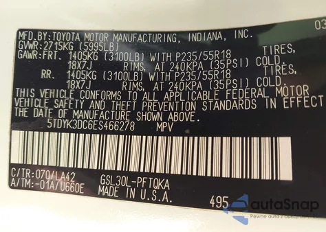 2014 Toyota Sienna Limited V6 7 Passenger z USA, uszkodzony, nr VIN 5TDYK3DC6ES466278